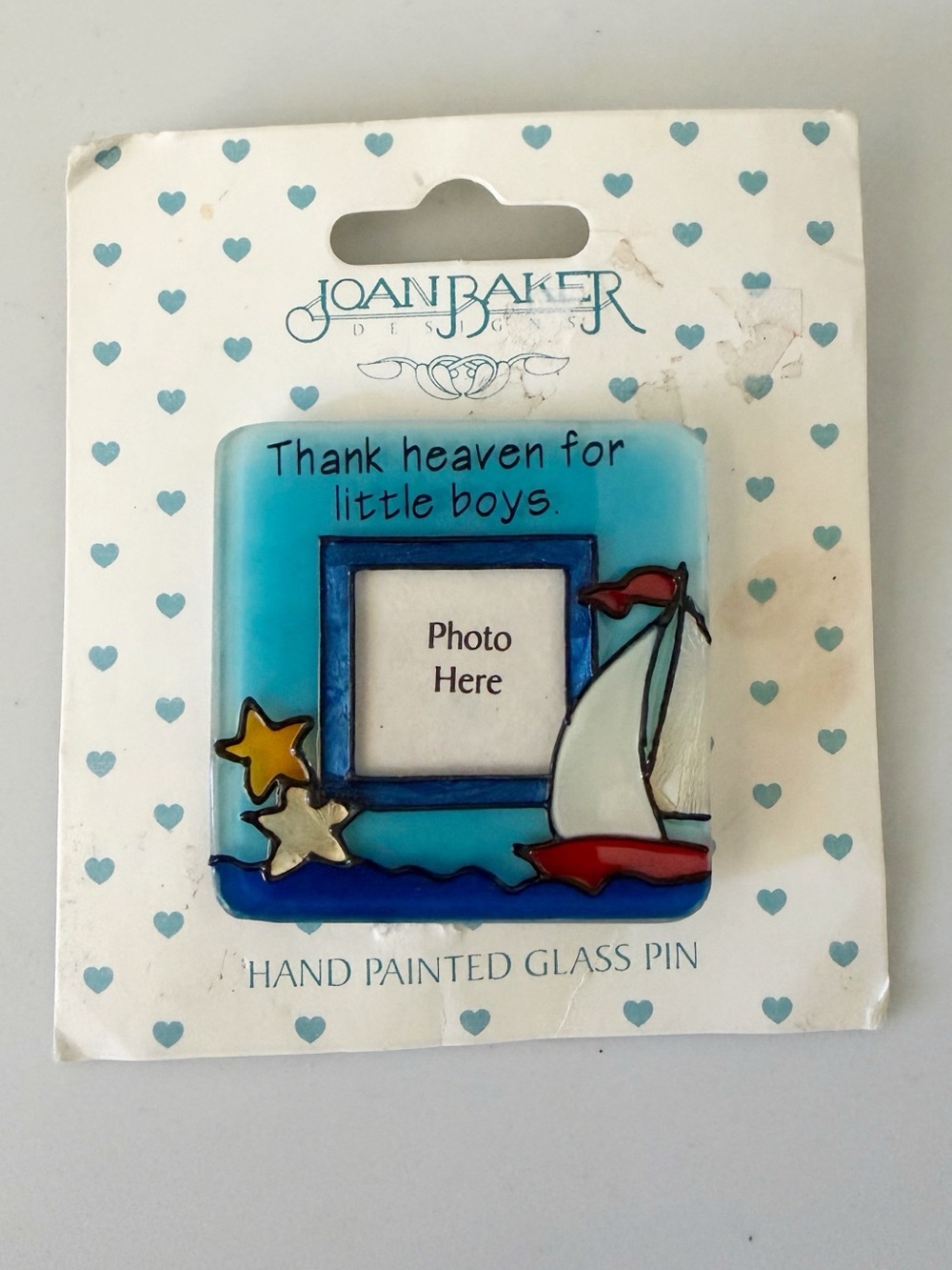 Vintage Joan Baker Glass Hand Painted Baby Boy Picture Fame Lapel Pin Brooch